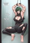  1girl absurdres angry armpits arms_up bandage_over_one_eye barefoot belt black_pants black_shirt breasts brown_belt cirenk cleavage_cutout clenched_teeth clothing_cutout commission defeat english_text glasses green_hair highres huge_breasts jujutsu_kaisen looking_at_viewer pants restrained scar scar_on_arm scar_on_breasts scar_on_leg scar_on_thighs scars_all_over scowl second-party_source shirt short_hair sleeveless sleeveless_shirt solo speech_bubble teeth toes torn_clothes torn_pants torn_shirt zen'in_maki 