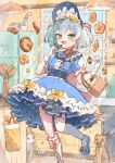  1girl :d animal asymmetrical_legwear basket blue_dress blue_hair blue_hat blue_shoes blush bow bow_legwear buttons cat center_frills checkerboard_cookie commentary_request commission cookie daisy_(flower) double-parted_bangs drawer dress dress_bow fang flower food food_on_face foot_out_of_frame footwear_bow frilled_dress frilled_sleeves frills gloves green_eyes green_hair hair_bobbles hair_bow hair_ornament hands_up hat heart heterochromia holding holding_cookie holding_food indoors kettle kneehighs looking_at_viewer multicolored_hair neck_ribbon open_mouth original petals pink_bow pink_flower pink_rose ribbon rose sample_watermark shoes short_hair short_sleeves single_kneehigh single_sock single_thighhigh skeb_commission skin_fang sleeve_bow smile socks solo split-color_hair standing standing_on_one_leg thighhighs tsukumi_bis two-tone_hair two_side_up uneven_legwear vase watermark white_flower white_gloves white_petals white_socks white_thighhighs window yellow_bow yellow_eyes yellow_flower yellow_ribbon yellow_rose 