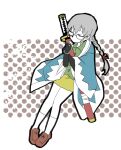 1girl armor blue_haori braid braided_ponytail brown_shoes closed_eyes commentary_request dealca full_body glasses green_shirt grey_hair gyousatsu_shinsengumi haori holding holding_sword holding_weapon hugging_object japanese_armor japanese_clothes katana kneehighs kote loafers long_hair long_sleeves miniskirt no_mouth okita_suzune polka_dot polka_dot_background sheath sheathed shinsengumi shirt shoes skirt socks solo sword weapon white_background white_socks yellow_skirt 