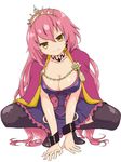  black_legwear breasts cleavage commentary_request highres large_breasts long_hair looking_at_viewer oda_nobunaga_(sengoku_collection) pink_hair sengoku_collection shiro_hougyoku smile solo squatting tiara very_long_hair yellow_eyes 