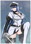  absurdres airisubaka akame_ga_kill! blue_eyes blue_hair boots breasts choker cleavage esdeath hat highres large_breasts long_hair looking_at_viewer military military_uniform peaked_cap rapier smile solo sword thigh_boots thighhighs uniform very_long_hair weapon white_footwear white_legwear zettai_ryouiki 