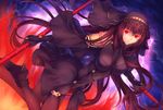  black_gloves black_hair bodysuit breasts breasts_apart dutch_angle eyebrows_visible_through_hair fate_(series) fire floating_hair gloves gogatsu_fukuin hair_ornament high_heels holding holding_weapon lightning long_hair looking_at_viewer medium_breasts polearm red_eyes scathach_(fate)_(all) scathach_(fate/grand_order) solo spear very_long_hair weapon 
