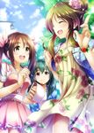  :d ^_^ bangs black_hair blue_jacket blush brown_eyes brown_hair closed_eyes day dress floral_print flower flower_bracelet fujiwara_hajime hair_bun hair_flower hair_ornament idolmaster idolmaster_cinderella_girls imai_kana jacket long_hair looking_at_viewer ment multiple_girls notepad open_mouth outdoors pen pink_dress print_dress purple_eyes shirt sidelocks smile takamori_aiko twintails wavy_hair white_shirt 