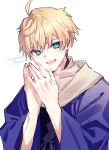 1boy ahoge aqua_eyes arthur_pendragon_(fate) artist_logo artist_name black_kimono blonde_hair blue_haori blue_ribbon commentary_request fate/grand_order fate_(series) fingernails hair_between_eyes hands_up haori highres japanese_clothes kimono logo long_sleeves looking_at_viewer male_focus open_clothes open_mouth ribbon scarf short_hair simple_background smile solo steam teeth tongue tsuyukusa_(eeta7273) upper_body watermark white_background white_scarf wide_sleeves 