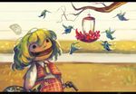  ascot bag bird bug butterfly commentary green_hair gun handgun hummingbird insect kazami_yuuka koto_inari open_mouth plaid plaid_vest revolver short_hair touhou vest weapon 