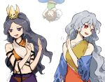  3girls bare_shoulders bright_pupils chirizuka_ubame crop_top crown detached_sleeves dress fossilized_wonders grey_hair hashtag-only_commentary headpiece kaigen_1025 long_hair midriff multiple_girls navel nervous_sweating open_mouth parted_bangs purple_eyes purple_skirt red_eyes sakata_nemuno single-shoulder_dress skirt son_biten sweat sweatdrop touhou upper_body upside-down very_long_hair wavy_hair white_background white_pupils 