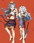  2girls bare_shoulders barefoot blue_sleeves breasts chirizuka_ubame clenched_hands clothing_cutout commentary_request criss-cross_halter crop_top crown detached_sleeves diamond_cutout dress expressionless full_body gold_crown grey_hair halterneck hand_on_own_chest hand_on_own_thigh hashitsuki_nata highres kaigen_1025 leaning_forward long_hair long_sleeves looking_at_another medium_breasts midriff multicolored_dress multiple_girls nata_(tool) orange_background orange_dress orange_skirt parted_bangs purple_eyes purple_ribbon red_dress red_eyes ribbon sakata_nemuno shirt single_strap skirt smile species_connection standing torn_ribbon touhou wavy_hair white_hair yellow_dress yellow_shirt 
