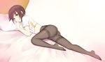  :q absurdres ass ayanami_(zhan_jian_shao_nyu) bangs black_legwear blouse blush brown_hair closed_mouth come_hither dutch_angle ero_mang-a eyebrows_visible_through_hair from_side highres looking_at_viewer lying navel on_bed on_stomach open_blouse open_clothes pantyhose pillow red_eyes short_hair sidelocks smile solo thighband_pantyhose thighs tongue tongue_out white_blouse zhan_jian_shao_nyu 