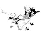  all_fours apron clothes_on_floor commentary dress greyscale hat hat_ribbon highres izayoi_sakuya long_sleeves maid_headdress mob_cap monochrome oninamako orz remilia_scarlet ribbon shoes solo touhou wrist_cuffs 