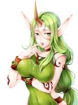  absurdres alternate_eye_color alternate_hair_color alternate_skin_color bracelet breast_hold breasts choker covered_navel covered_nipples dryad_soraka green_eyes green_hair heart heart-shaped_pupils highres horn jewelry large_breasts league_of_legends long_hair pointy_ears ponytail saliva solo soraka suggestive_fluid symbol-shaped_pupils tattoo very_long_hair ville 