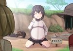  animal_ears big_belly black_hair black_skirt blonde_hair breasts closed_eyes commentary_request crossover fish hand_on_own_stomach hat hayasui_(kantai_collection) helmet hippopotamus_(kemono_friends) inflation kaban_(kemono_friends) kantai_collection kemono_friends kneeling long_hair long_sleeves lying medium_breasts misumi_(niku-kyu) multicolored_hair multiple_girls on_stomach pith_helmet pleated_skirt pointing pointing_at_self puddle red_shirt serval_(kemono_friends) serval_ears serval_print shirt short_hair signpost skirt solo_focus splashing two-tone_hair 