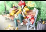  anthro avian barefoot bird black_nose book canine clothed clothing day digitigrade feathers fluffy fluffy_tail fur grey_feathers group hair male mammal outside red_fur red_hair rikitoka sitting smile white_feathers yellow_feathers 