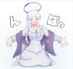  1girl ^_^ arched_bangs blue_archive blunt_bangs blush closed_eyes commentary_request dress facing_viewer grey_hair halo long_hair noa_(blue_archive) noa_(pajamas)_(blue_archive) official_alternate_costume outstretched_arms ponytail purple_shawl shawl simple_background sitting sleepwear smile socks solo sopranino sparkle very_long_hair wariza white_background white_dress white_socks 