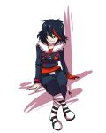  1girl alternate_costume asymmetrical_clothes asymmetrical_hair belt black_belt black_hair black_jacket blue_eyes breasts cropped_jacket crossed_legs full_body fur_collar gloves highres invisible_chair jacket kill_la_kill kpfightmaster long_sleeves looking_to_the_side matoi_ryuuko multicolored_hair red_gloves red_hair red_shirt shirt shirt_tucked_in sitting smile solo streaked_hair third-party_source two-tone_hair white_background zipper 