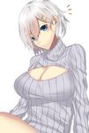  1girl alternate_costume arms_at_sides bangs blue_eyes breasts cleavage cleavage_cutout dress eyebrows_visible_through_hair hair_between_eyes hair_ornament hairclip hamakaze_(kantai_collection) head_tilt highres kantai_collection large_breasts long_sleeves looking_at_viewer meme_attire onineko-chan open-chest_sweater ribbed_sweater short_hair silver_hair simple_background sitting solo sweater sweater_dress turtleneck upper_body white_background white_sweater 