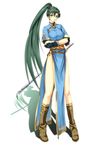  absurdres boots chooper derivative_work dress earrings fingerless_gloves fire_emblem fire_emblem:_rekka_no_ken fire_emblem_heroes full_body gloves green_eyes green_hair high_ponytail highres jewelry long_hair looking_at_viewer lyndis_(fire_emblem) ponytail smile solo sword very_long_hair weapon 