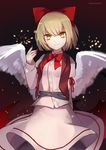  absurdres blonde_hair bow bowtie commentary_request fingernails gengetsu hair_bow highres long_fingernails long_sleeves nail_polish razuzyamu red_bow red_neckwear ribbon short_hair skirt skirt_set smile solo touhou touhou_(pc-98) twitter_username white_wings wings yellow_eyes 