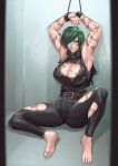  1girl absurdres angry armpits arms_up bandage_over_one_eye barefoot belt black_pants black_shirt breasts brown_belt cirenk cleavage_cutout clenched_teeth clothing_cutout commission defeat glasses green_hair highres huge_breasts jujutsu_kaisen looking_at_viewer pants restrained scar scar_on_arm scar_on_breasts scar_on_leg scar_on_thighs scars_all_over scowl second-party_source shirt short_hair sleeveless sleeveless_shirt solo teeth textless_version toes torn_clothes torn_pants torn_shirt zen'in_maki 