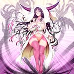  1girl bare_shoulders black_hair blush breasts brown_eyes cleavage dress fate/extra_ccc fate_(series) horns large_breasts multicolored_hair navel ribbon sesshouin_kiara smile tattoo thighhighs very_long_hair 