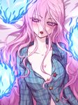  :o breasts cleavage collarbone green_shirt hair_between_eyes hata_no_kokoro highres long_hair long_sleeves looking_at_viewer medium_breasts miata_(miata8674) pink_eyes pink_hair plaid plaid_shirt shirt solo touhou unbuttoned unbuttoned_shirt upper_body wing_collar 