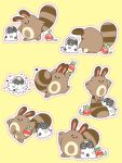  :< animal applin cat closed_eyes commentary_request h1na3 highres holding holding_pokemon multiple_views no_humans outline pokemon pokemon_(creature) sentret simple_background solid_oval_eyes spewpa white_outline yellow_background 
