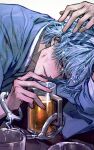  1boy alcohol alternate_costume beer beer_mug blue_hair blue_kimono bruise bruise_on_face commentary_request cuffs cup drunk gintama handcuffs highres holding holding_cup injury japanese_clothes kimono long_sleeves male_focus messy_hair mug muummuum sakata_gintoki short_hair solo sparkle upper_body white_background 