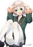  artist_name blonde_hair blue_eyes dated fur_trim green_jacket green_skirt hair_between_eyes highres jacket kantai_collection kobayashi_chisato long_sleeves open_mouth panties panties_under_pantyhose pantyhose pleated_skirt red_ribbon ribbon shimushu_(kantai_collection) shimushu_pose short_hair signature simple_background skirt smile solo underwear white_background white_legwear 