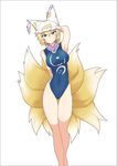  absurdres adapted_costume agu_(antyosan) alternate_costume arm_behind_back arm_behind_head armpits ass_visible_through_thighs bangs blonde_hair blue_eyes blue_swimsuit border breasts fox_tail hair_between_eyes hat head_tilt highres hips legs looking_at_viewer medium_breasts multiple_tails one-piece_swimsuit outline pillow_hat pose reflective_eyes shiny shiny_clothes shiny_hair short_hair simple_background solo swimsuit tail taut_clothes taut_swimsuit thigh_gap thighs touhou white_background yakumo_ran 
