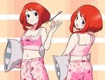  1girl :d back bare_shoulders blush boku_no_hero_academia breasts brown_eyes brown_hair cleavage crop_top looking_at_viewer looking_back midriff navel open_mouth pajamas pants pillow plaid plaid_background righteous_tea short_hair smile solo solo_focus tank_top toothbrush uraraka_ochako 