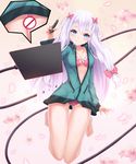  arm_at_side bad_id bad_pixiv_id barefoot blue_eyes bow bow_bra bra collarbone commentary_request eromanga_sensei flower full_body green_jacket h2o_(dfo) hair_bow izumi_sagiri jacket knees_together_feet_apart long_hair looking_at_viewer midriff panties pink_bra pink_panties pocket power_cord silver_hair solo speech_bubble stylus tablet_pc thigh_gap underwear white_hair zipper 