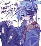  1boy absurdres bandaged_arm bandaged_neck bandages black_pants blood blood_on_clothes blue_eyes blue_hair blue_jacket closed_mouth commentary_request double-parted_bangs feet_out_of_frame futaba969649 grey_shirt hair_between_eyes halloween hand_up happy_halloween heterochromia highres jacket long_sleeves looking_at_viewer male_focus object_through_head open_clothes open_jacket pants puyopuyo red_eyes screw_in_head shirt short_hair sig_(puyopuyo) simple_background sitting solo star_(symbol) torn_clothes torn_pants white_background 