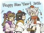  2026 3girls animal_ear_fluff animal_ears black_skirt bow calligraphy_brush closed_eyes commentary_request detached_sleeves drawing_on_another's_face fang grey_hair hagoita hair_bow happy_new_year hat himekaidou_hatate holding holding_calligraphy_brush holding_paddle holding_paintbrush inubashiri_momiji long_sleeves multiple_girls musical_note open_mouth paddle paintbrush pink_shirt pointy_ears purple_bow purple_hat purple_scarf purple_skirt red_hat red_scarf sakic43899 scarf shameimaru_aya shirt skirt smile tokin_hat touhou twintails white_shirt wolf_ears wolf_girl yellow_scarf 