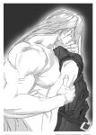  2boys biceps black_background chinese_commentary cloud_strife commentary_request facing_away final_fantasy final_fantasy_vii final_fantasy_vii:_advent_children greyscale hand_on_another's_arm hand_on_another's_neck head_back highres imminent_kiss long_hair male_focus monochrome multiple_boys muscular muscular_male nipples outline sephiroth shoulder_strap solo sssinthome toned toned_male topless_male upper_body very_long_hair vest white_outline yaoi 