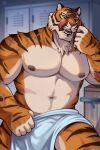2025 7theaven amber_eyes amber_sclera anthro arm_scar barazoku bengal_tiger biceps bulge epic_games eye_scar facial_scar fangs felid fortnite hi_res holding_object holding_towel licking licking_lips locker_room looking_at_viewer male mammal musclegut muscular muscular_anthro muscular_male navel neck_tuft nipples nude open_mouth oscar_(fortnite) pantherine pecs quads scar seductive sharp_teeth shoulder_scar solo teeth tiger tongue tongue_out towel towel_only triceps tuft