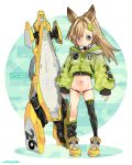  1girl absurdres animal_ears asymmetrical_legwear black_thighhighs blue_eyes boots brown_hair closed_mouth commentary_request full_body green_jacket hair_ornament highres jacket long_hair long_sleeves loose_thighhigh mudou_eichi navel original ponytail puffy_long_sleeves puffy_sleeves shoes smile sneakers solo standing thighhighs uneven_legwear yellow_boots 