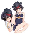 bare_shoulders barefoot black_hair blush breasts brown_eyes cameltoe covered_navel feet hat headphones highres i-13_(kantai_collection) i-14_(kantai_collection) kantai_collection kylin looking_at_viewer multiple_girls one-piece_swimsuit sailor_collar simple_background small_breasts smile spread_legs swimsuit white_background yuri 