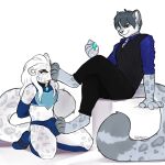 2023 4_toes alternate_species anthro arm_warmers armwear barefoot biped black_clothing black_nose black_topwear black_vest blue_clothing blue_dress_shirt blue_footwear blue_socks blue_underwear brown_eyes bulge clothed clothing collar control_collar detailed_bulge digitigrade dominant dominant_male duo feet felid foot_on_bulge foot_on_face footwear fur gem grey_hair hair hands_behind_back hi_res kiyn_(kiynatonis) kneeling long_hair long_tail male male/male mammal markings necktie novus pantherine pattern_clothing pattern_necktie pattern_topwear pattern_vest pinstripes rolled_up_sleeves seibear signature simple_background sitting skimpy smile smirk smug snow_leopard socks spots spotted_body spotted_markings spotted_tail striped_clothing striped_topwear striped_vest stripes submissive submissive_male tail tail_markings toes topwear underwear vest white_background white_body white_ears white_fur white_hair white_tail