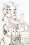  1girl blush breasts coat commentary_request cowboy_shot cup feather_hair_ornament feathers hair_ornament heart heart_print highres holding holding_cup horse large_breasts long_sleeves looking_at_viewer monochrome mug musical_note pants pointy_ears princess_zelda sepia short_hair shuri_(84k) solo_focus spoken_musical_note the_legend_of_zelda the_legend_of_zelda:_tears_of_the_kingdom translation_request 