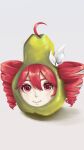  1girl ahoge artz_only commentary drill_hair english_commentary food fruit hair_between_eyes hair_ornament highres kasane_teto long_hair looking_at_viewer meme pear pearto red_eyes red_hair simple_background smile twin_drills vocaloid 