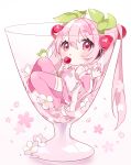  1girl :o bare_shoulders bird blush boots candy_apple cherry_blossoms cherry_hair_ornament chibi chibi_only collared_shirt commentary_request cup detached_sleeves drinking_glass food food-themed_hair_ornament full_body green_bird hair_between_eyes hair_ornament hatsune_miku highres holding holding_candy_apple holding_food in_container in_cup long_hair long_sleeves looking_at_viewer necktie number_tattoo open_mouth pink_boots pink_eyes pink_hair pink_necktie pink_shirt pink_skirt pink_sleeves pleated_skirt sakura_miku shirt shoulder_tattoo simple_background skirt sleeveless sleeveless_shirt solo tattoo thigh_boots tie_clip twintails vocaloid white_background wide_sleeves yuni_(irohasuiroiro) 