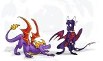  2021 2_horns 6_horns abstract_background accessory activision armlet blade countershading cynder digitigrade dragon duo european_mythology female female_feral feral frill_(anatomy) furgonomics head_crest head_frill horn horn_sheath jewelry long_snout long_tail male male_feral membrane_(anatomy) membranous_wings multi_horn multicolored_body mythological_creature mythological_scalie mythology neck_ring no_irises on_hind_legs orange_wings purple_body quadruped red_body red_countershading red_wings ring scales scalie silveruskvassus smile snout spyro spyro_reignited_trilogy spyro_the_dragon standing tail tail_accessory tail_blade tail_jewelry tail_ring tapering_tail two_tone_body ventral_scales weapon_tail western_dragon white_horn wings yellow_body yellow_countershading yellow_horn 