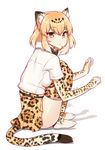  animal_ears artist_name bad_id bad_pixiv_id blonde_hair bow bowtie breasts elbow_gloves fur_collar gloves goyain jaguar_(kemono_friends) jaguar_ears jaguar_print jaguar_tail kemono_friends knees_to_chest looking_at_viewer medium_breasts multicolored multicolored_clothes multicolored_legwear shadow shirt short_hair short_sleeves simple_background sitting skirt solo tail thighhighs thighs triangle_mouth white_background yellow_eyes 