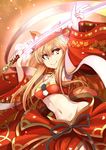  animal_ear_fluff animal_ears arms_up bangs blonde_hair breasts detached_sleeves fate/extra fate/extra_ccc fate/extra_ccc_fox_tail fate/grand_order fate_(series) fox_ears fox_tail grimjin highres holding holding_sword holding_weapon jewelry katana long_hair looking_at_viewer medium_breasts midriff navel off_shoulder ribbon-trimmed_sleeves ribbon_trim smile solo suzuka_gozen_(fate) sword tail upper_body weapon wide_sleeves yellow_eyes 