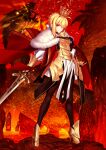  1girl ahoge armor armored_boots armored_dress artoria_pendragon_(fate) black_pantyhose blonde_hair boots braid caliburn_(fate) cape closed_mouth crown dragon dress fate/grand_order fate_(series) fur-trimmed_cape fur_trim gauntlets green_eyes holding holding_sword holding_weapon lava looking_at_viewer lord_logres_(fate) lord_logres_(first_ascension)_(fate) official_art pantyhose plate red_background short_hair solo sword takeuchi_takashi third-party_source weapon white_dress 
