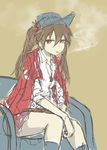  armchair black_legwear brown_eyes brown_hair chair cigarette collar commentary_request eyebrows eyebrows_visible_through_hair hair_between_eyes japanese_clothes jewelry kantai_collection kariginu kneehighs long_hair looking_at_viewer magatama necklace nito_(nshtntr) protected_link ryuujou_(kantai_collection) shirt simple_background sitting sleeves_rolled_up smoke smoking solo twintails visor_cap 