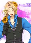  blonde_hair blush character_name closed_eyes dated ernest_raviede extra_eyes flower gloves hair_flower hair_ornament happy_birthday jewelry leaf long_hair male_focus minori_yojou necklace open_mouth solo star_ocean star_ocean_the_second_story sunflower sunflower_hair_ornament teeth 