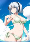  armpits bangs bare_arms bare_shoulders bikini bird black_hairband black_ribbon blue_sky blush breasts cleavage closed_mouth cloud collarbone commentary_request day floating from_below front-tie_bikini front-tie_top ghost green_bikini green_eyes hair_ribbon hairband highres hitodama konpaku_youmu konpaku_youmu_(ghost) looking_to_the_side medium_breasts navel nori_tamago outdoors purple_eyes revision ribbon short_hair side-tie_bikini silver_hair sky smile solo stomach swimsuit tareme touhou wading walking water 