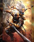  1boy 1girl ammunition armor black_mask blurry blurry_background comic_cover commentary dc_comics deathstroke dual_wielding english_commentary eyepatch father_and_daughter floating_hair highres holding holding_knife holding_sword holding_weapon knee_pads knife kunkka long_hair multicolored_mask muscular muscular_male official_art orange_armor orange_mask parted_lips ravager_(dc) rose_wilson shotgun_shell superhero_costume sword twitter_username two-tone_mask weapon white_hair 