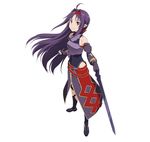  ahoge breastplate detached_sleeves fingerless_gloves floating_hair full_body gloves hairband holding holding_sword holding_weapon long_hair looking_at_viewer official_art pointy_ears purple_gloves purple_hair red_eyes red_hairband simple_background smile solo standing sword sword_art_online sword_art_online:_code_register very_long_hair weapon white_background yuuki_(sao) 