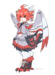  1girl animal_feet bird_legs bird_tail bird_wings claws deformed drill_hair feather_hair feathered_wings grey_wings half-harpy head_wings highres kasane_teto kasane_teto_(sv) looking_at_viewer monster_girl qiukui red_eyes red_hair short_hair simple_background solo standing tail talons twin_drills utau white_background wings 